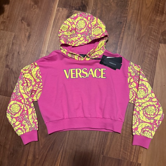 VERSACE Barocco Crop Hoodie Fuchsia Pink Gold Yellow